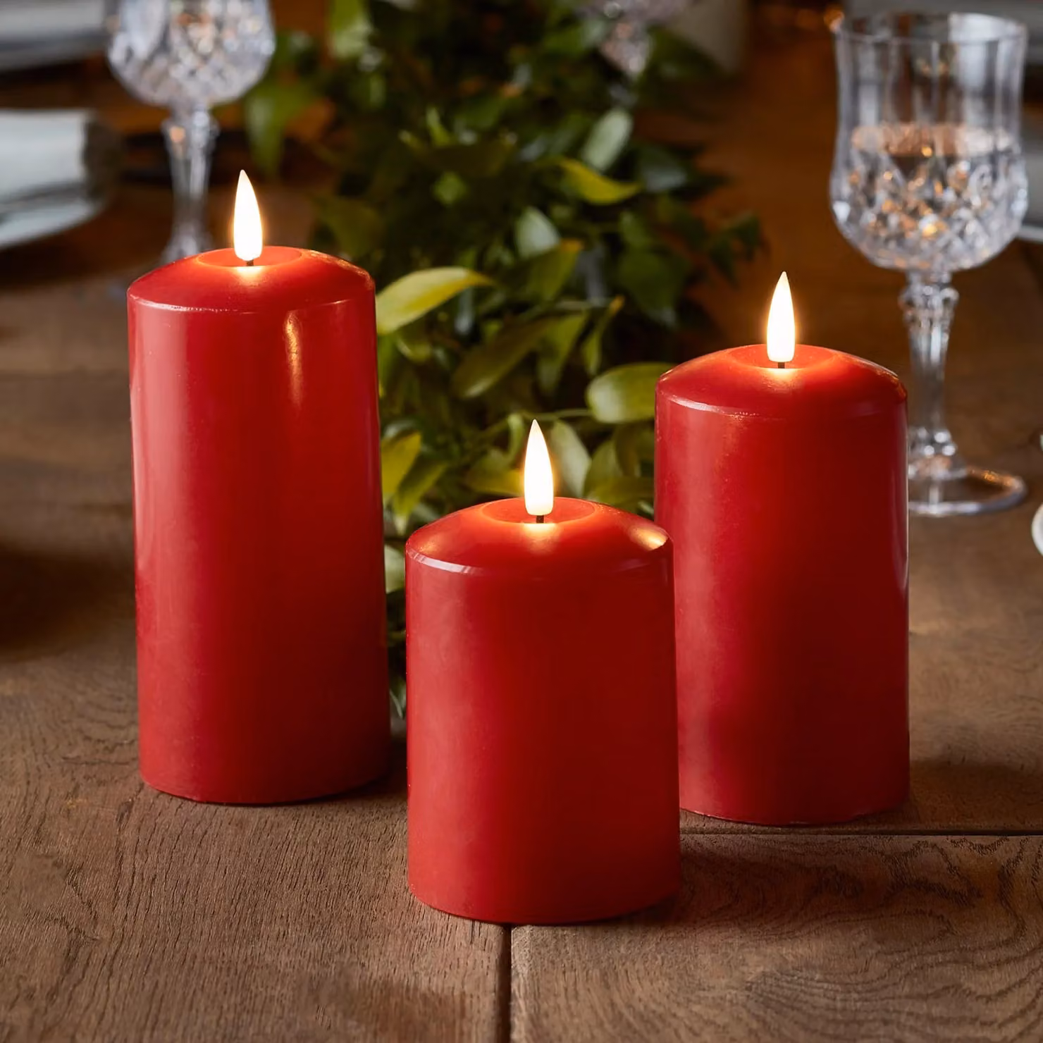 Lights4fun TruGlow Set of 3 Red Wax Pillar LED Candles with Timer and Flicker Effect – 1
