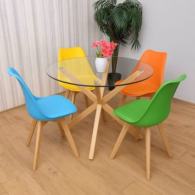 Kosy Koala Round Glass Dining Table Set with 4 Mixed Colour Plastic Chairs