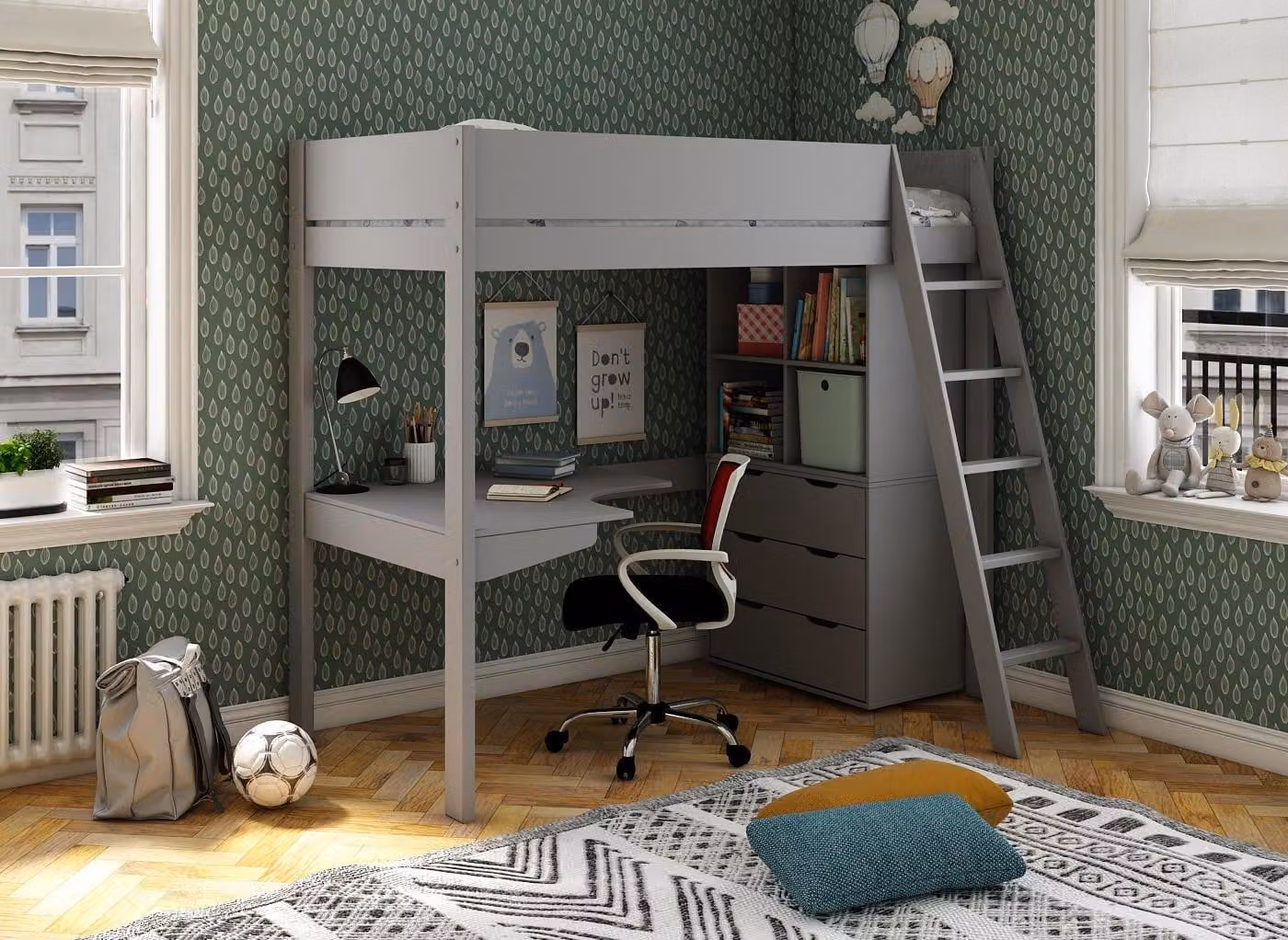 Dreams Anderson Desk High Sleeper with Storage and Drawers in White or Grey