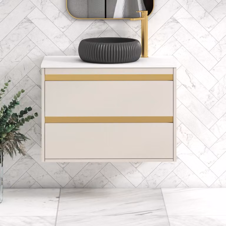 Royal Bathrooms Orion 800mm Warm Taupe Wall Hung 2 Drawer Vanity Unit with Milan Black Basin and Brushed Brass Accent Trim