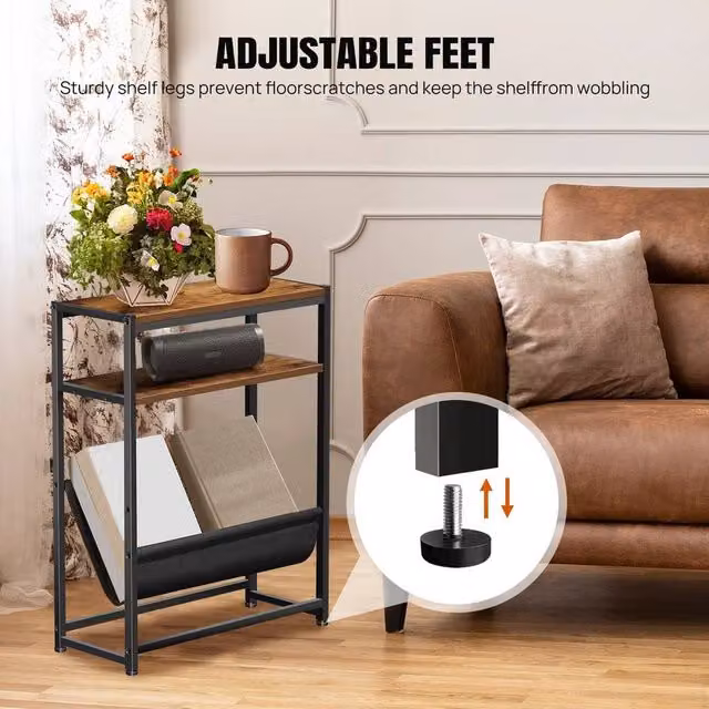 EONLION Type A 3 Tier Narrow Side Table and Bedside Table in Brown and Black