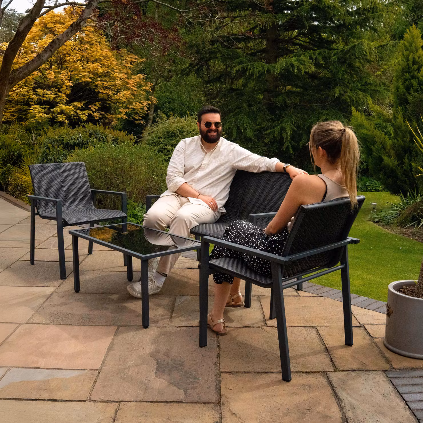 Monstershop Modern Black Rattan and Steel Patio Furniture Set with Glass Top – 3
