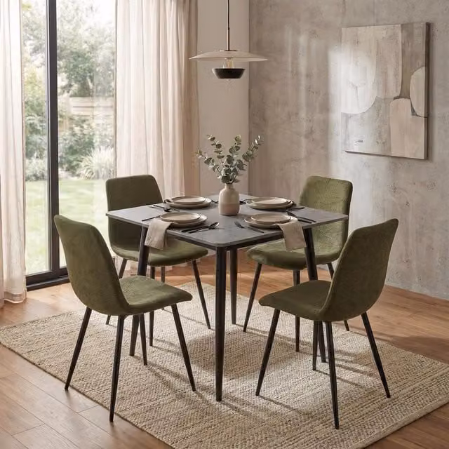 FWStyle Modern Grey Sintered Stone Dining Table with 5 Green Chairs