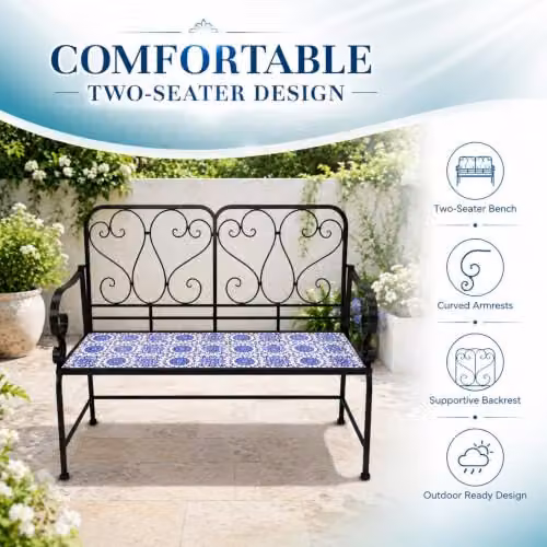 SHATCHI Porto 2 Seater Mosaic Garden Bench with Blue Ceramic Tile Seat and Lacquered Metal Frame, W: 112 cm, H: 96 cm, D: 47 cm – 6