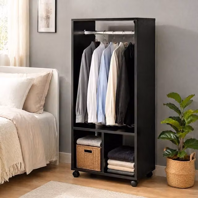 STILVORA Modern Open Wardrobe with 2 Shelves and Wheels in Matt Black