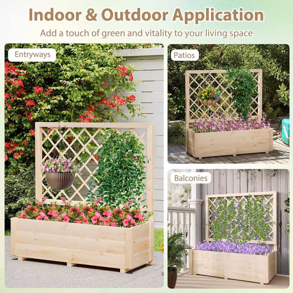 Gymax Wooden Raised Garden Bed with Lattice Trellis in Natural Brown and Beige, Height: 104 cm – 7