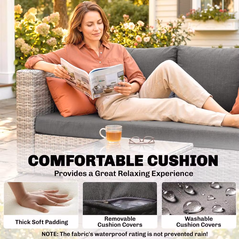 ERGOVEXA 3 Piece Grey L-Shape Outdoor Rattan Sofa Set with Upholstered Cushions and Coffee Table – 5