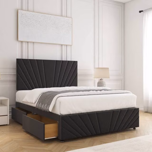BSSPOKE Rose Plush King Size Divan Bed with 24 inch Headboard, Footboard, 4 Drawers and Mattress in Black Velvet Fabric, W/D/H: 180 x 200 cm