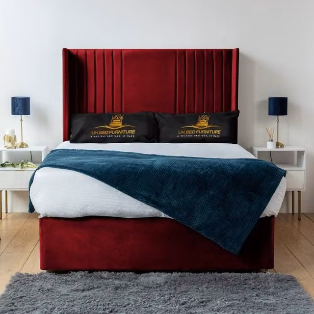 UK Bed Furniture Skyline Wingback Divan Bed Base with 54 Inch Headboard in Red Velvet, Small Double, W/D/H: 120 x 200 cm