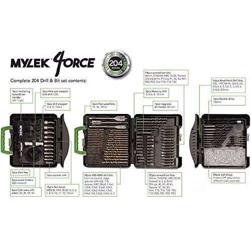 MYLEK 204 Piece HSS Drill Bit and Screwdriver Accessory Set in Black and Grey with Carry Case – 2