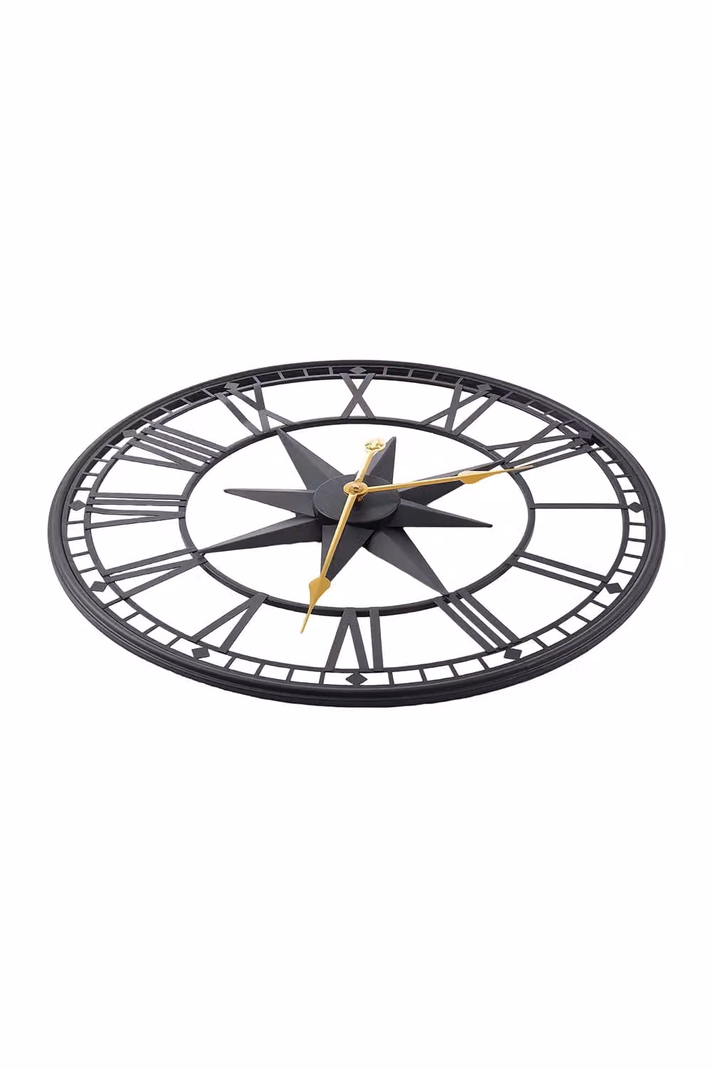 Living and Home Black and Gold Metal Roman Numeral Silent Wall Clock with Star-Embossed Design, Diameter: 60 cm – 2