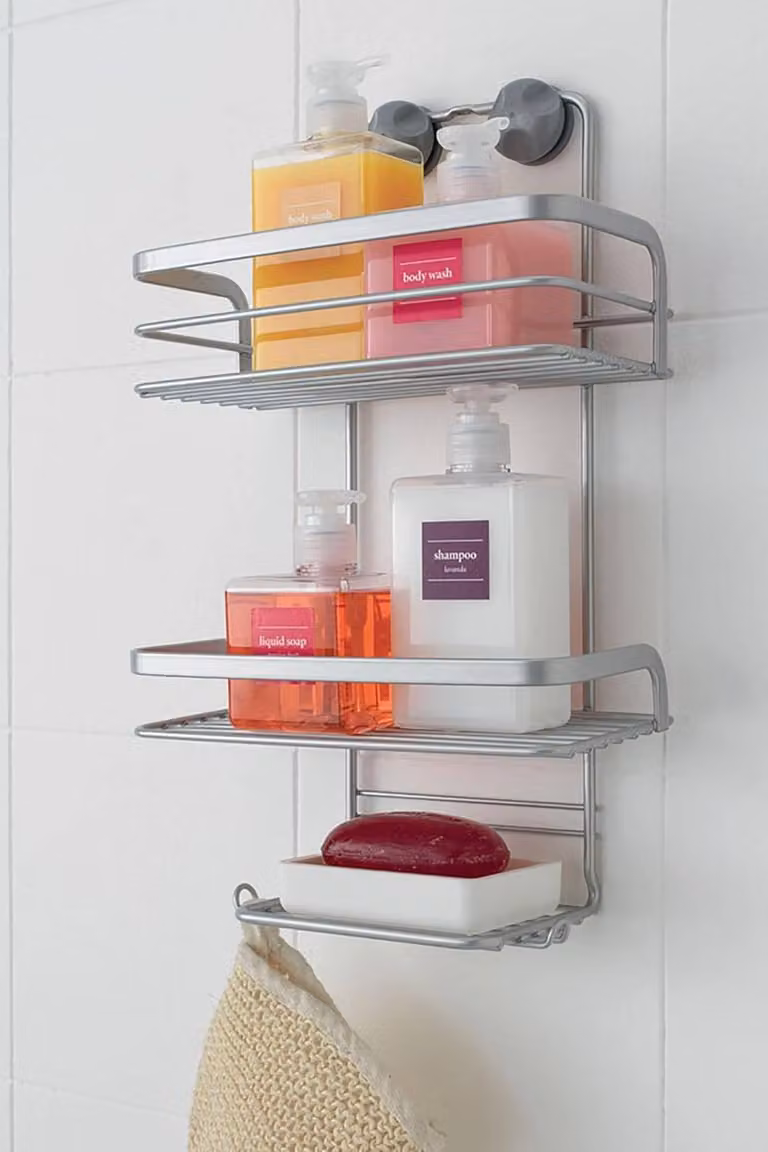 Metaltex Viva 3-Tier Adhesive Metal Shower Caddy Bathroom Storage Rack - Silver