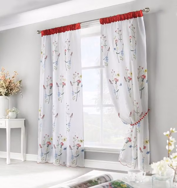Luxury Living Floral Embroidered Voile Curtains, Multicolour, Width: 145 cm, Drop: 137 cm