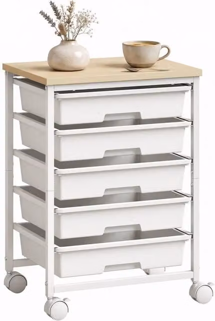 HOMCOM 6-Tier Storage Trolley on Wheels with 5 Pull-Out Drawers, White – 1