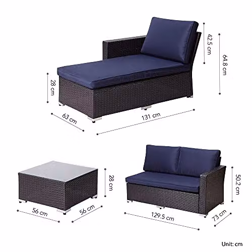 Teamson Home 3 Piece L-Shape Rattan Garden Furniture Set in Blue and Brown, including Outdoor 2 Seater Sofa, Ottoman and Coffee Table – 3