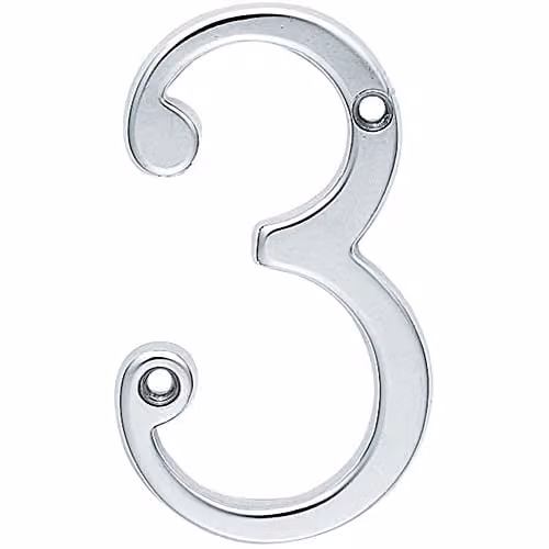 Loops Satin Chrome House Numeral Plaque, Number 3, Height: 7.5 cm, Depth: 0.4 cm