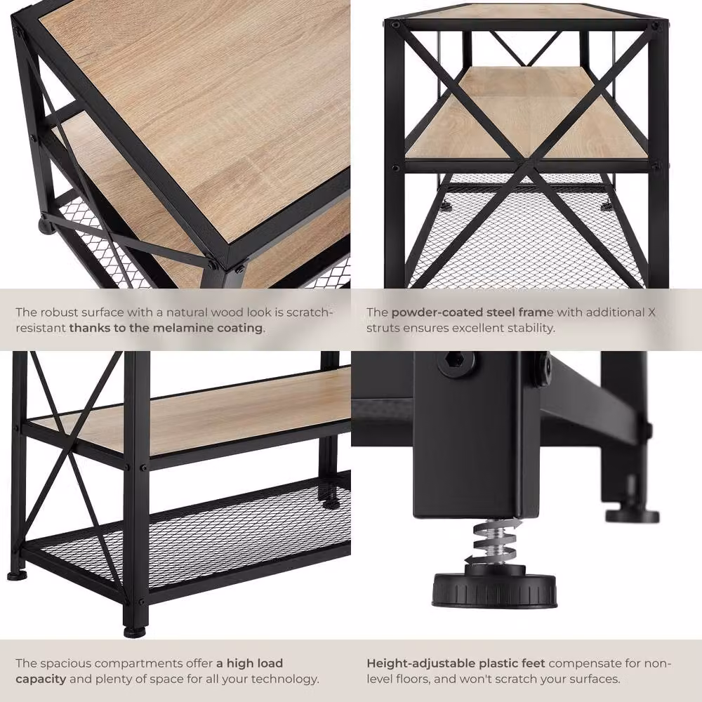 tectake Industrial TV Stand Lowboard Cabinet with 3 Shelves in Light Brown and Black, Width: 141 cm – 5