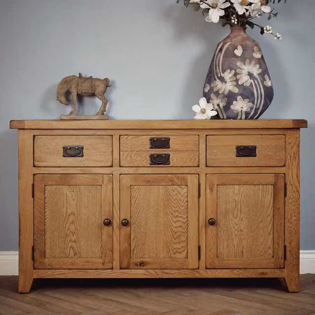Elm Home And Garden Rustic Oak 3 Door 3 Drawer Sideboard in Brown