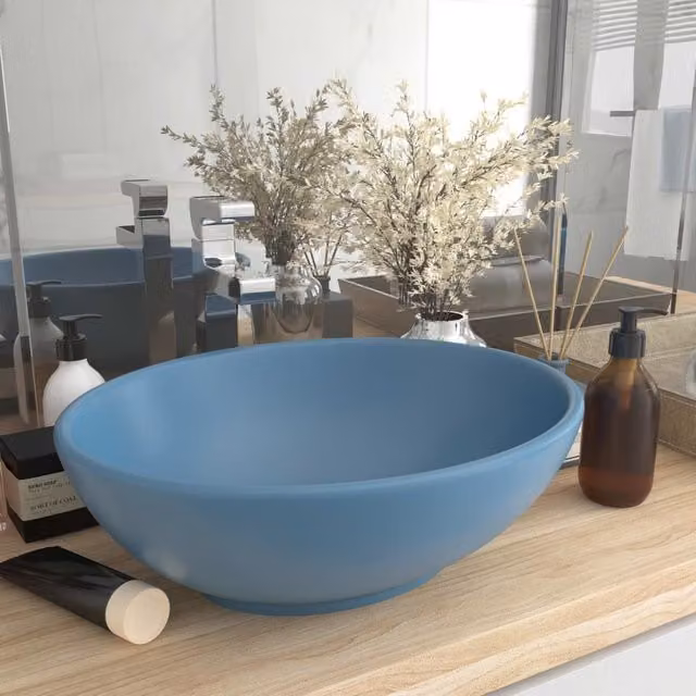 Berkfield Home Luxury Oval Ceramic Countertop Basin in Matt Light Blue W: 40 cm, D: 33 cm, H: 13.5 cm