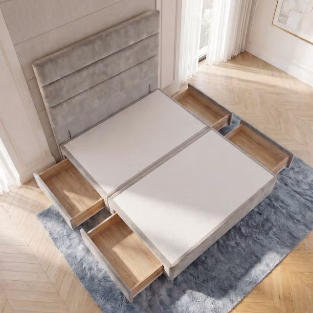 Horizona Velvet Divan Bed Base with 4 Drawers and Floor Standing Headboard, Silver, W/D/H: 180 x 200 x 34.5 cm