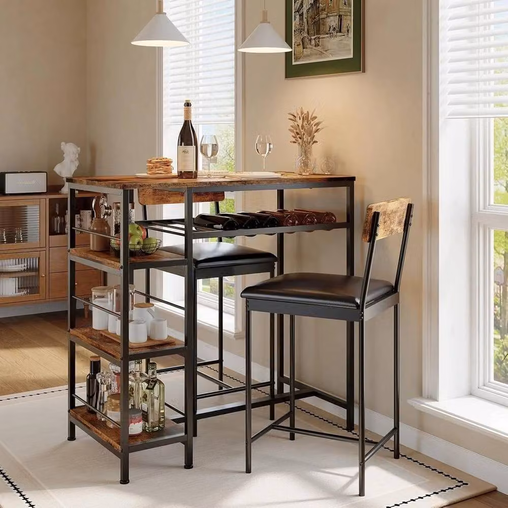 VOGREX 3-Piece Dining Table Set with 2 Upholstered Bar Stools in Brown – 4
