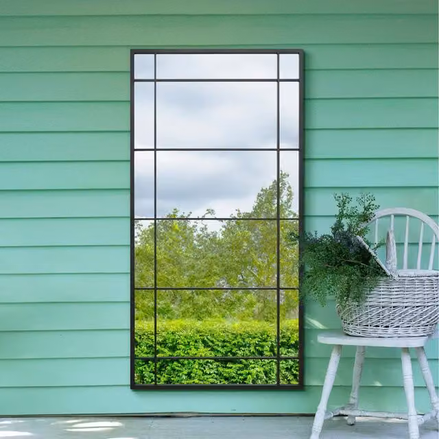 MirrorOutlet Tabula Black Window Style Modern Garden Wall Mirror in Metal and Glass