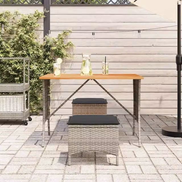 Berkfield Home Grey Poly Rattan Garden Table with Oiled Acacia Wood Top W/D/H: 105 x 75 x 72 cm