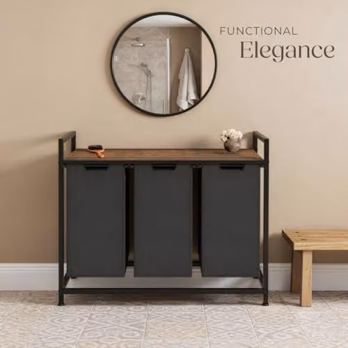 tectake Triple Laundry Basket with 3 x 38L Capacity, Water- and Smell-Resistant Fabric, Pull-Out Baskets with Steel Frame and Wooden Look Top Shelf, Black/Brown – 7