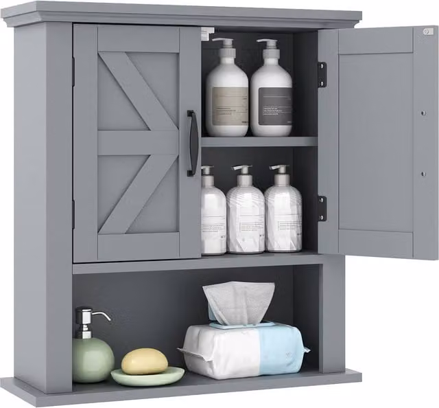 Costway Grey Wall Mounted Medicine Cabinet with Hinged Doors and Internal Shelves
