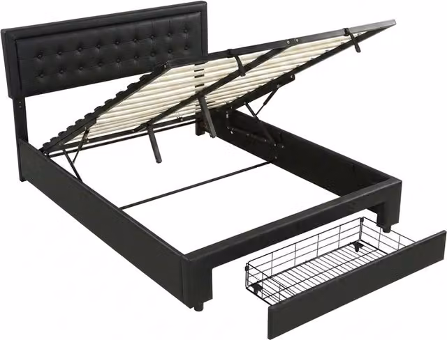 HOMCOM King Ottoman Bed Frame in Black Synthetic Leather with Lift-Up Storage Base and Adjustable Headboard, W: 180 cm, D: 200 cm, H: 144 cm