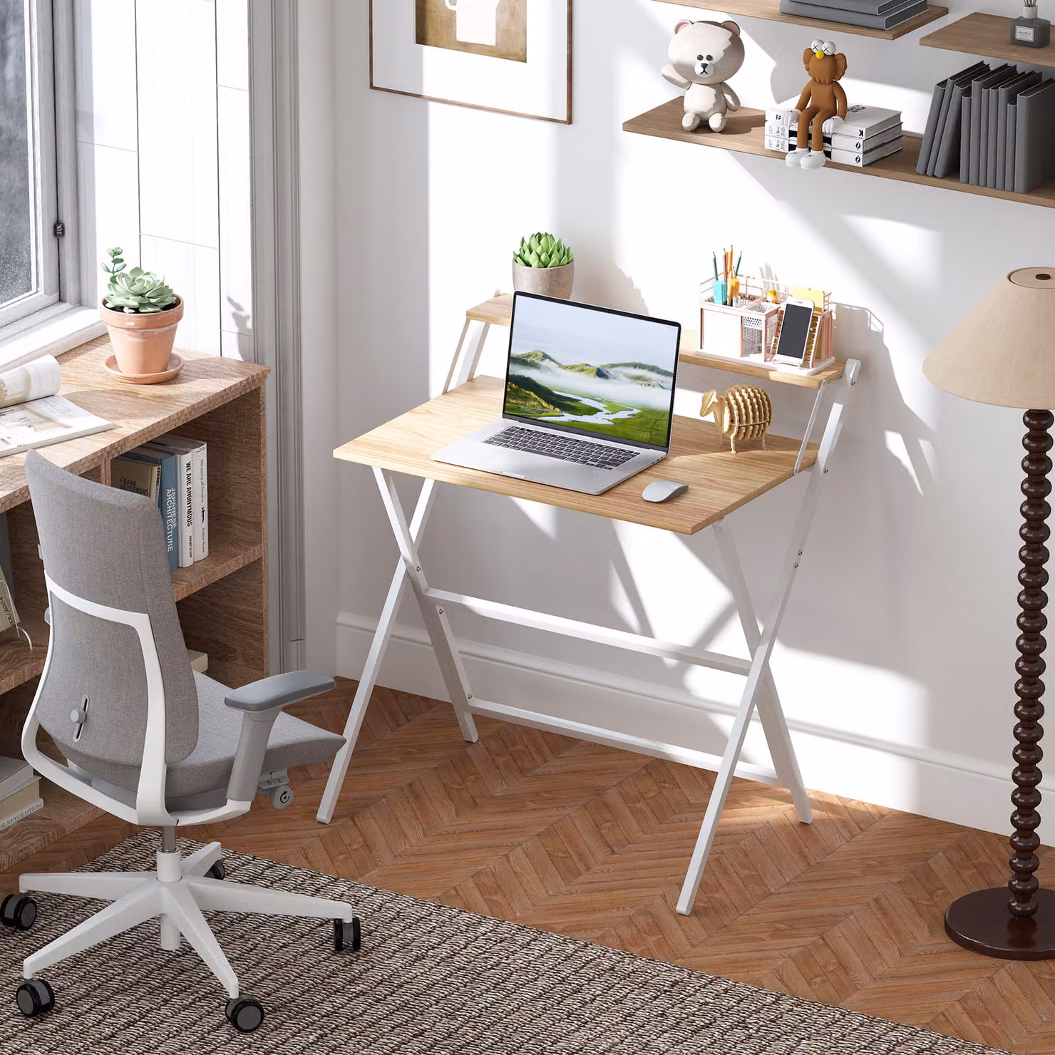 HOMCOM Folding Computer Desk with Monitor Shelf in Brown and White Finish – 2