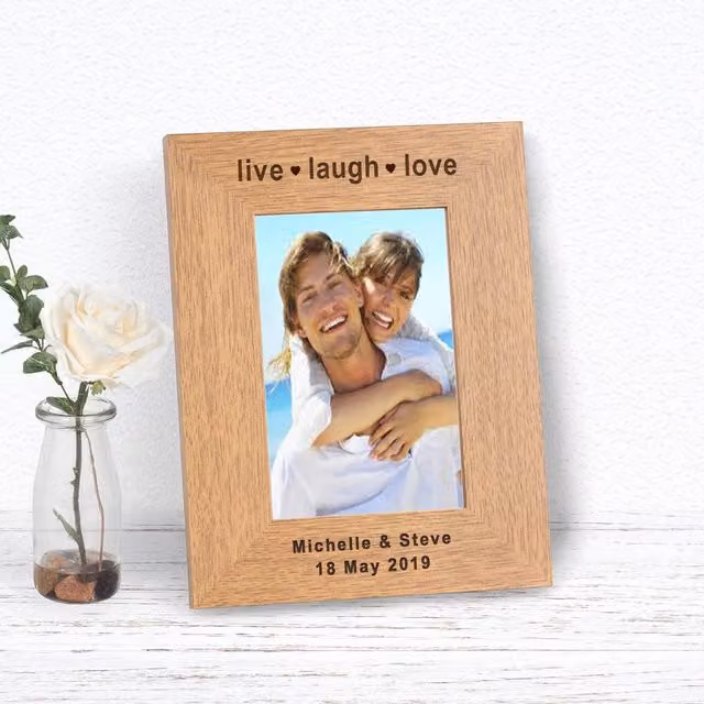 Uniqueful Personalised Live Laugh Love Wood Picture Frame, Brown, W/D/H: 19.5 x 7 x 24.5 cm