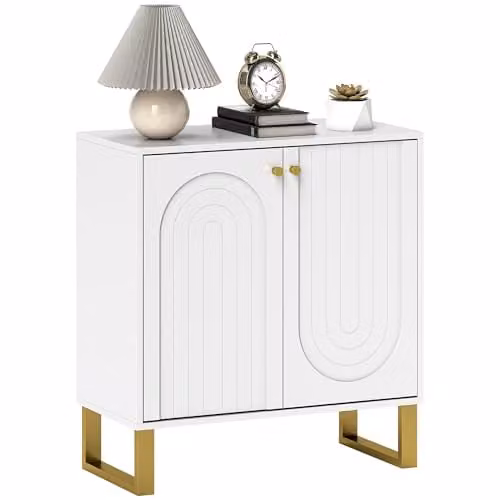 HOMCOM Modern White and Gold Sideboard with 2 Doors and Adjustable Shelves, W/D/H: 77.5 x 35.0 x 72.5 cm – 1