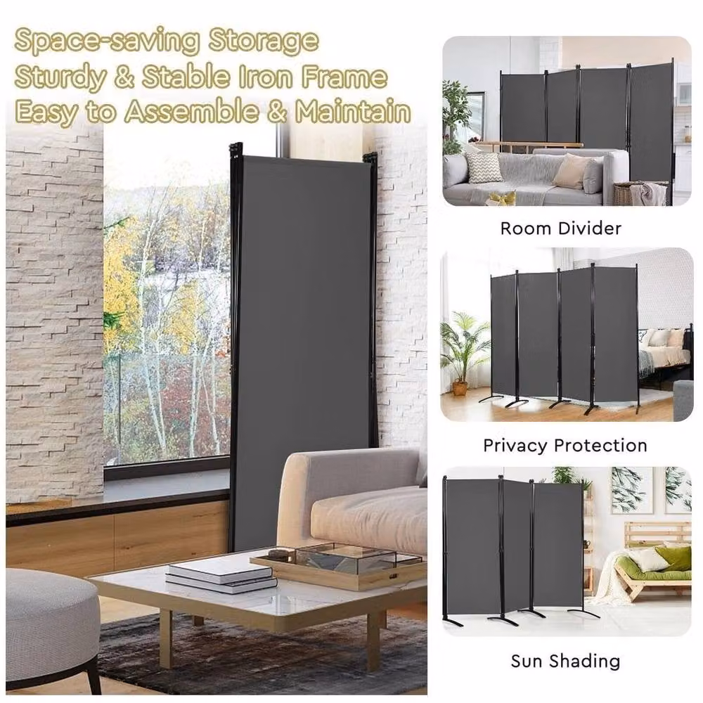 SPETLEK 4 Panel Foldable Room Divider in Grey with Polyester Fabric and Steel Frame, H 173 cm x W 220 cm – 7