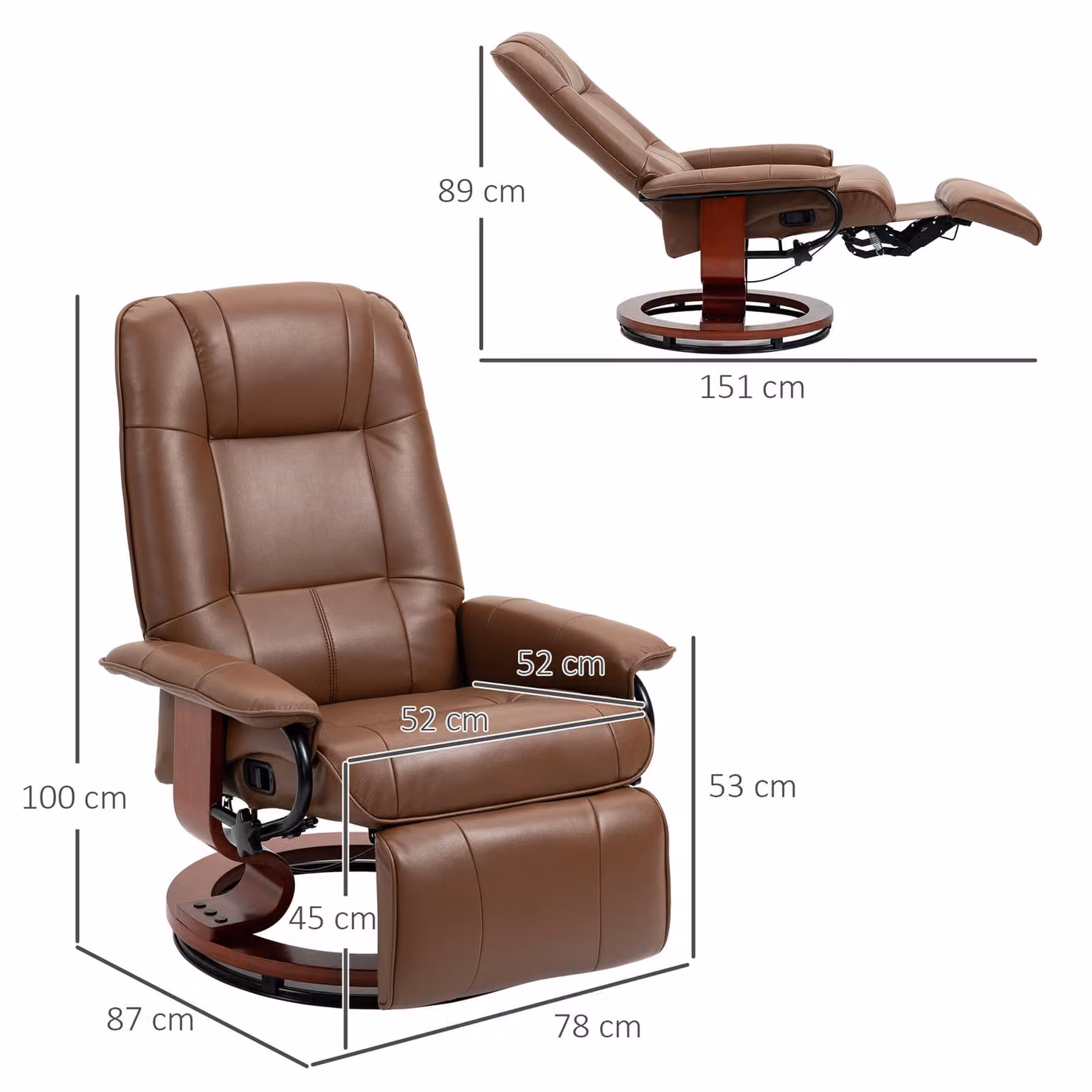 HOMCOM Brown Faux Leather Swivel Recliner Armchair with Wooden Base – 3
