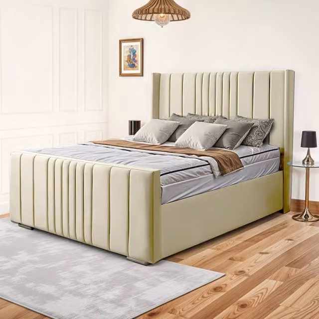 UK Bed Furniture Balmoral Wingback Ottoman Gas Lift Upholstered Bed in Beige, Size: Double (140 x 200 cm)