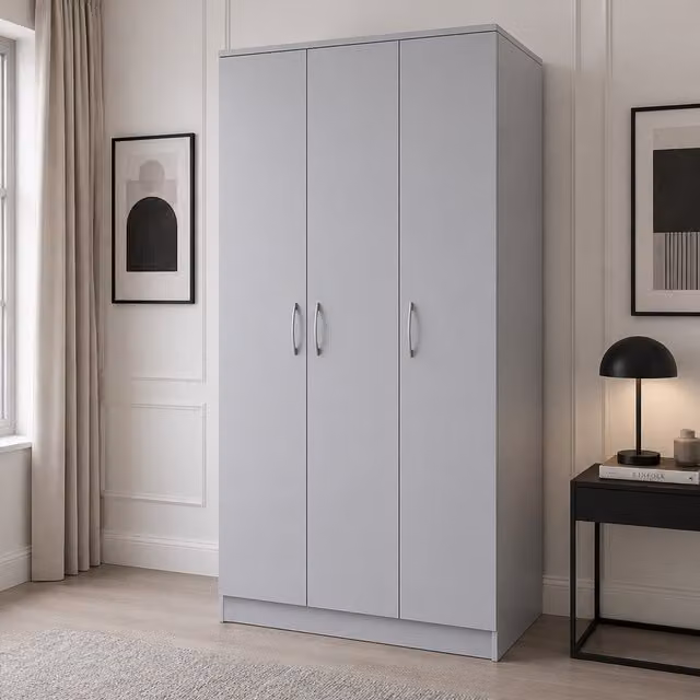 VENICE 3 Door Modern Wardrobe in Grey with Internal Shelves and Hanging Rod, Width: 120 cm