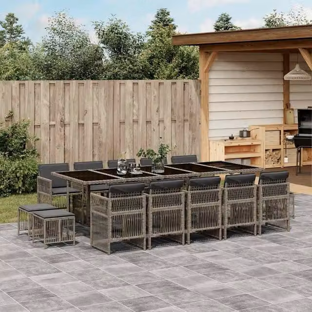 Berkfield Home 15 Piece Grey Poly Rattan Garden Dining Set with Cushions and Glass Table – 1