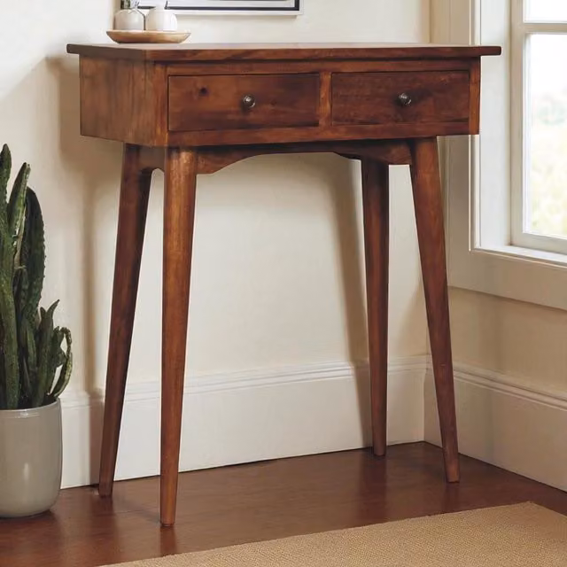 Aosom UK Solid Mango Wood Mini Hallway Console Table with 2 Drawers and Scandi Legs, Brown, W/D/H: 70 x 30 x 78 cm