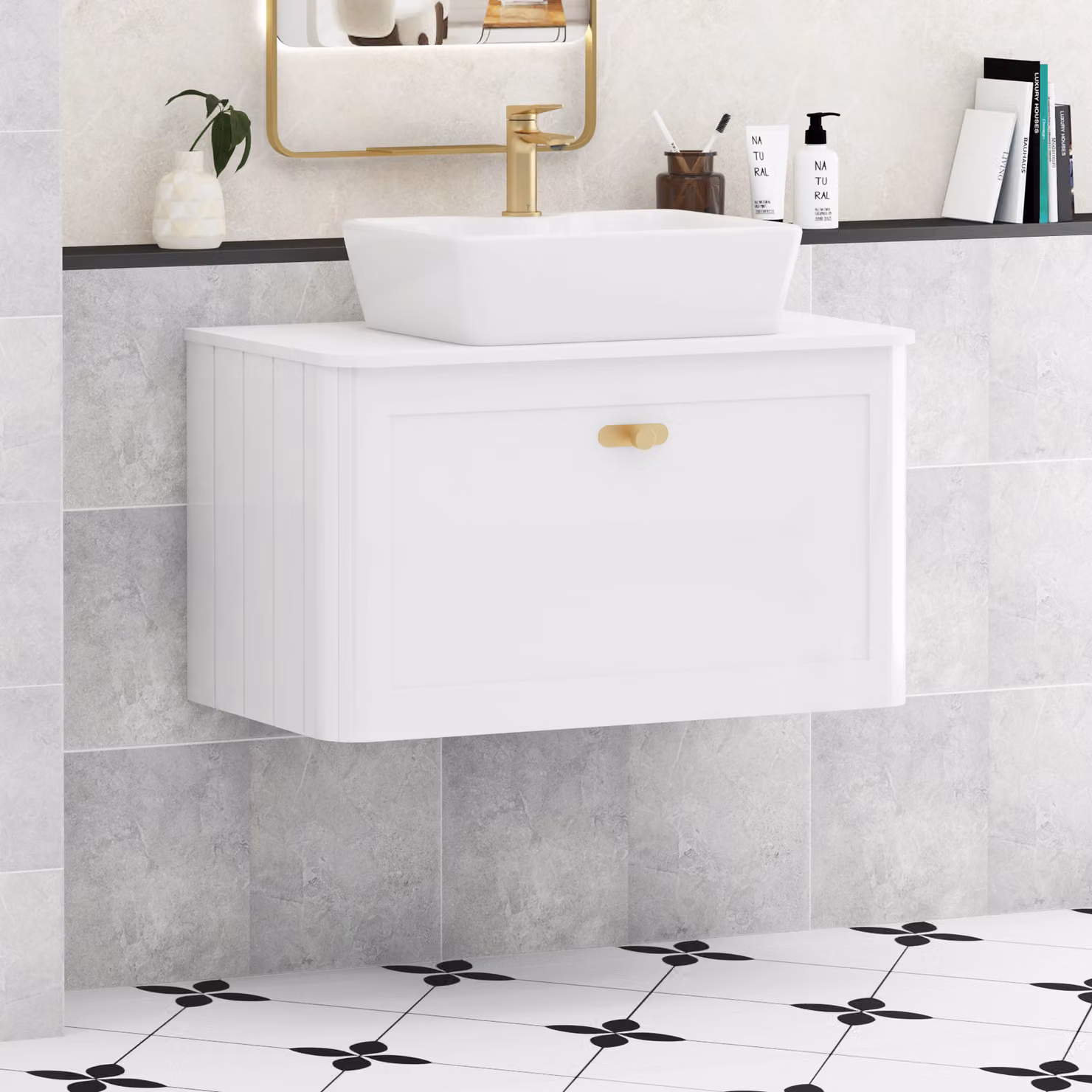 Royal Bathrooms Henley 800mm Gloss White Wall Hung Vanity Unit with 1 Drawer, Plain White Worktop, Cube Basin and Brushed Brass Knob