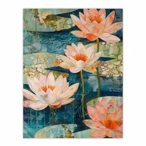 Artery8 Tranquil Pink Water Lilies on Calm Pond Wall Art Poster Print, W: 46 cm, H: 61 cm – 1