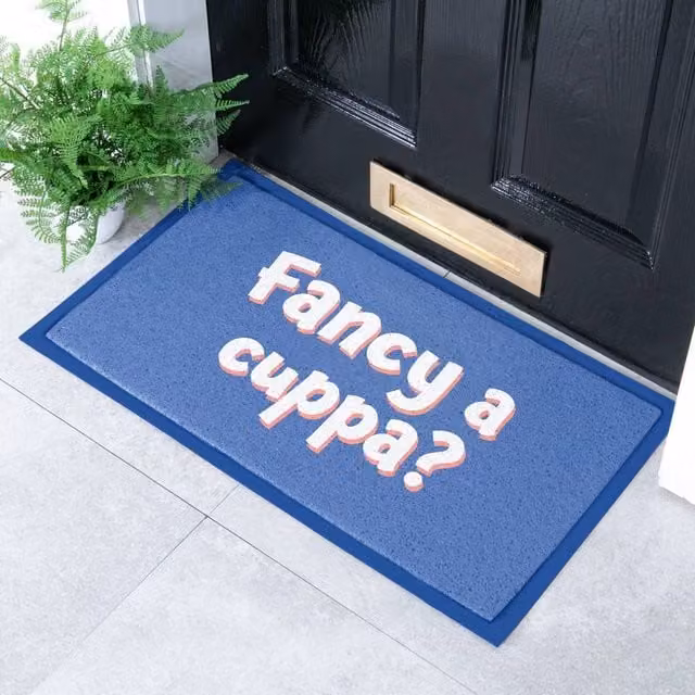 Artsy Mats Fancy a Cuppa Doormat, Multicolour Blue, W: 70 cm, D: 40 cm