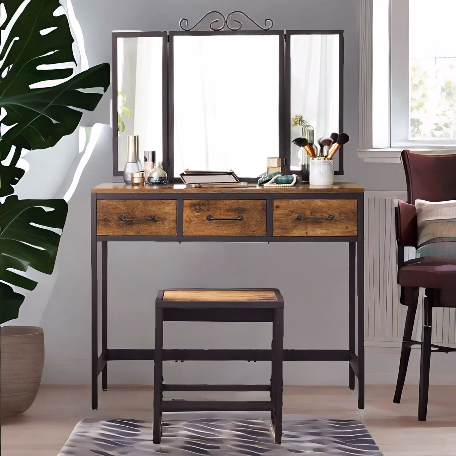 Rafaelo Mobilia Industrial Rustic Brown Dressing Table with Tri-fold Mirror and Stool – 3