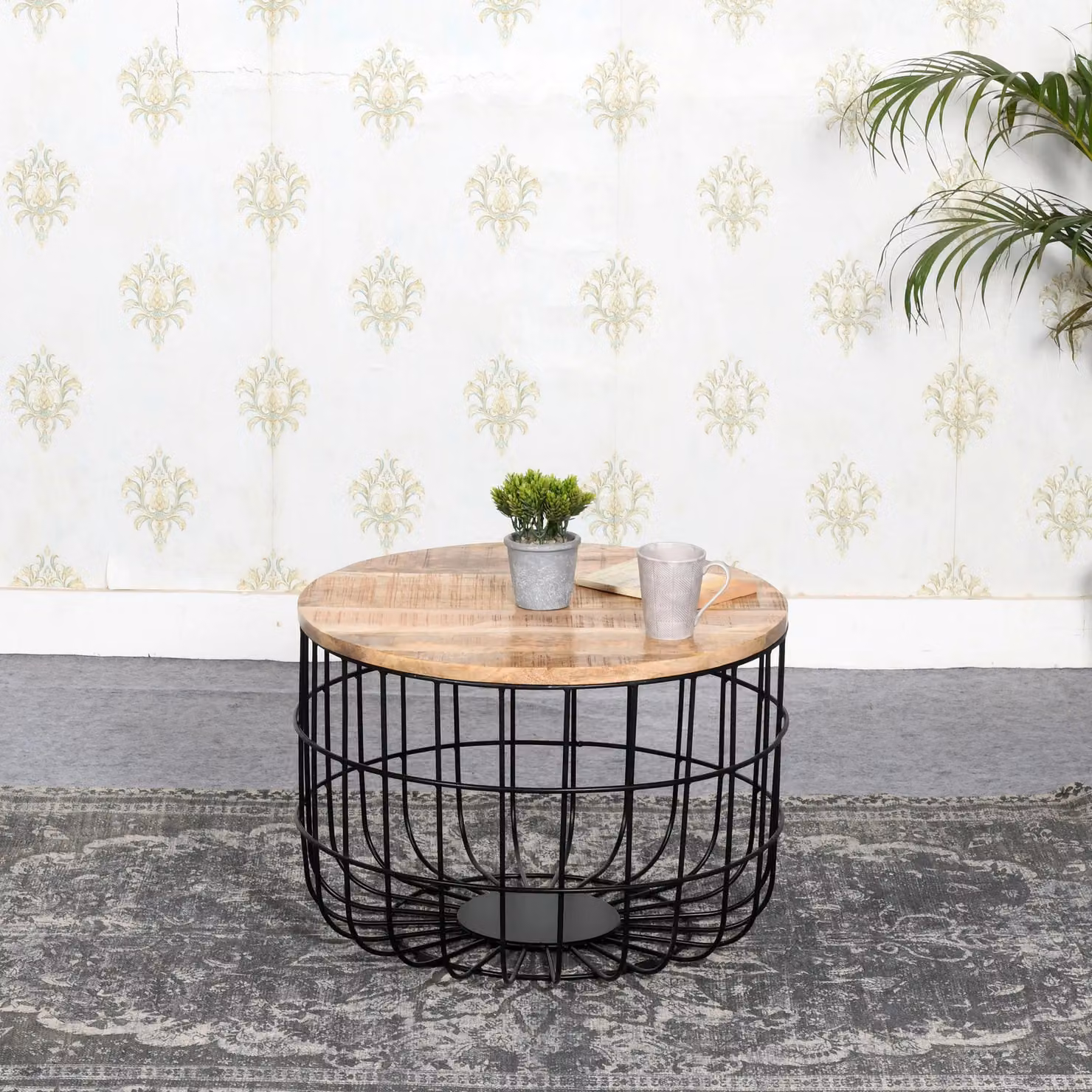 IH Design Bratton Mango Wood Wire Coffee Table in Brown, W: 55 cm, D: 55 cm, H: 54 cm – 2