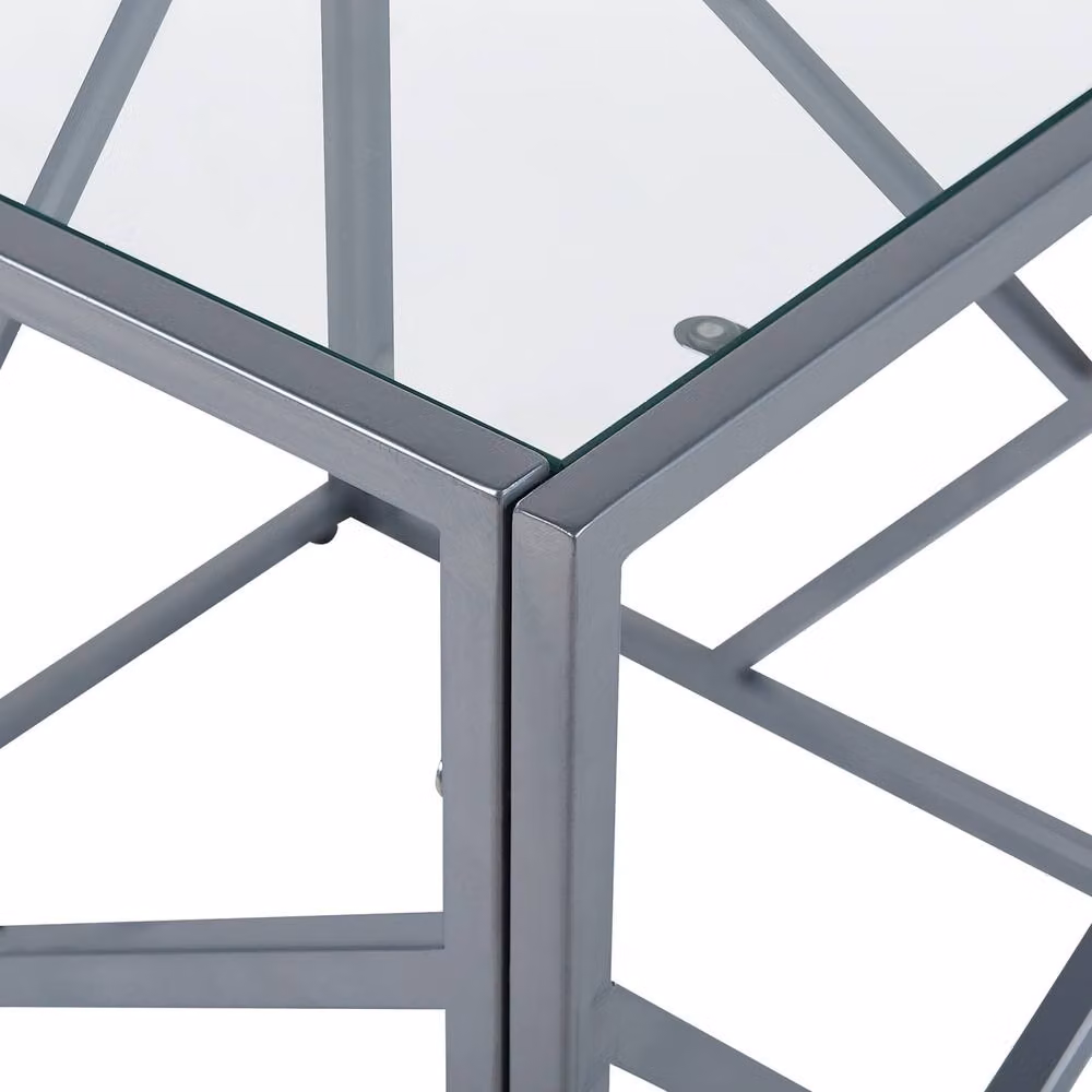 Wyld and Coco Modern Square Side Table with Transparent Glass Top and Silver Geometric Iron Base – 4