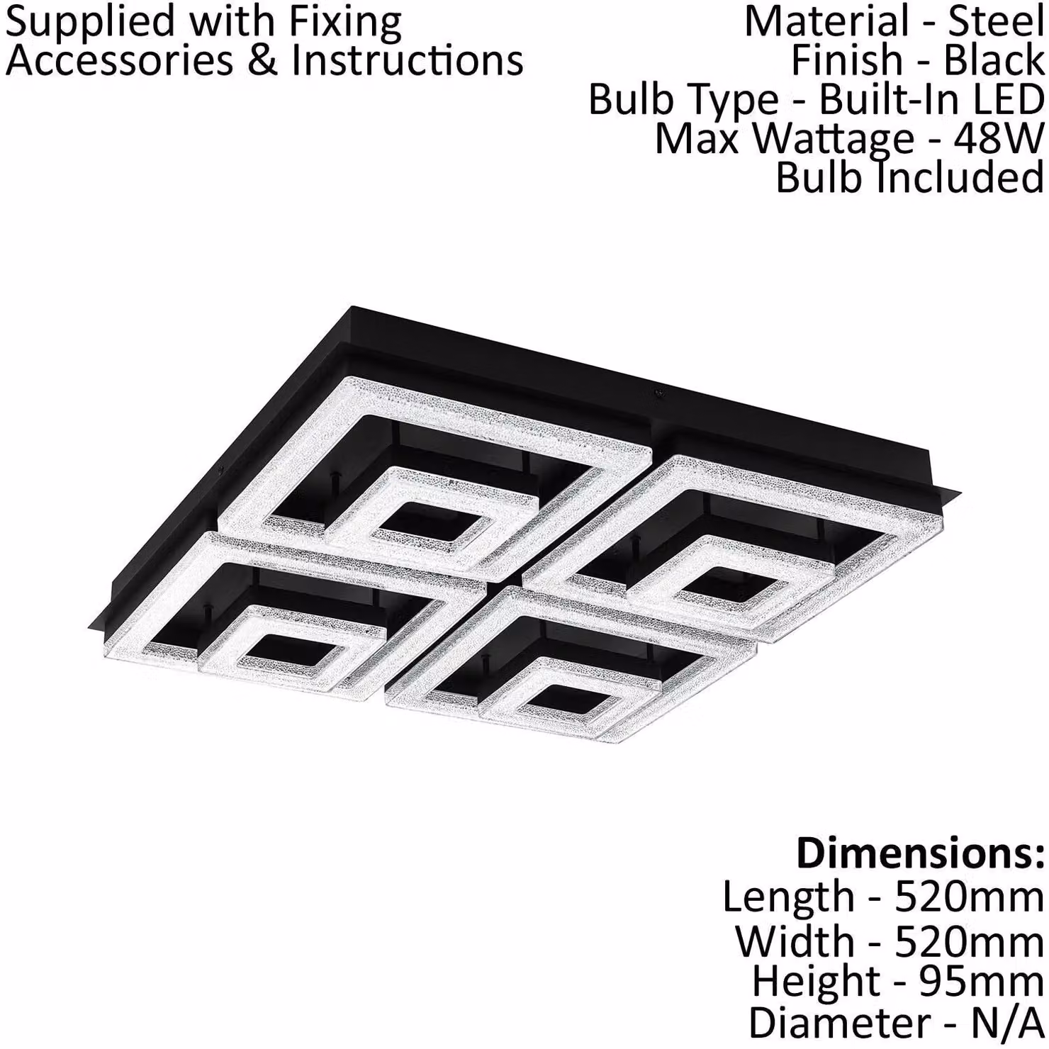 Loops Modern LED Flush Ceiling Light in Black with Transparent Crystal Plastic Shade, 48W Warm White – 2