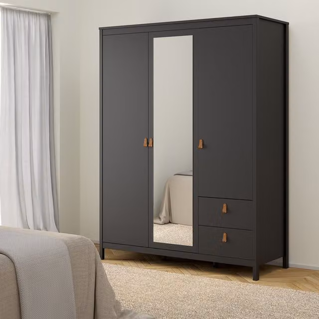 Furniture To Go Barcelona Wardrobe with 2 Doors, 1 Mirror Door and 2 Drawers in Cashmere and Matt Black