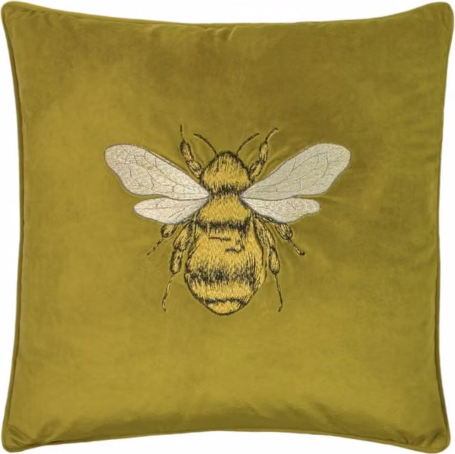 Make it a Home Hortus Embroidered Bee Cushion in Green Velvet with Feather Filling