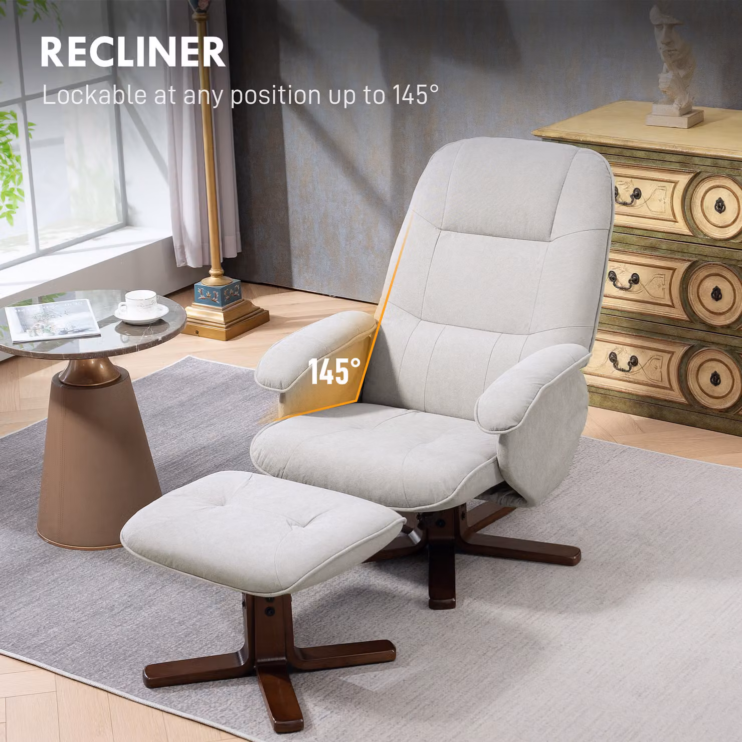 HOMCOM Linen Swivel Recliner Chair with Ottoman, Upholstered Grey Armchair with Wooden Base – 3