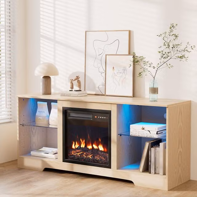 Livingandhome Modern Electric Fireplace TV Unit with Adjustable Flame in Light Natural and Black